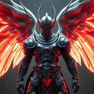 The primary subject of the image is a man dressed in a suit of armor, with a demonic appearance. He is wearing a helmet and has a red and black color scheme. The setting is a dark room, and the visual style is digital art. The overall atmosphere is intense and dramatic.
